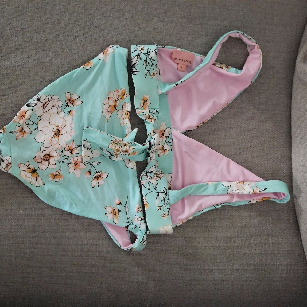 NWOT PilyQ Swim Reversible Teal & Pink Floral Bikini Set Youth size 16 - Picture 3 of 6